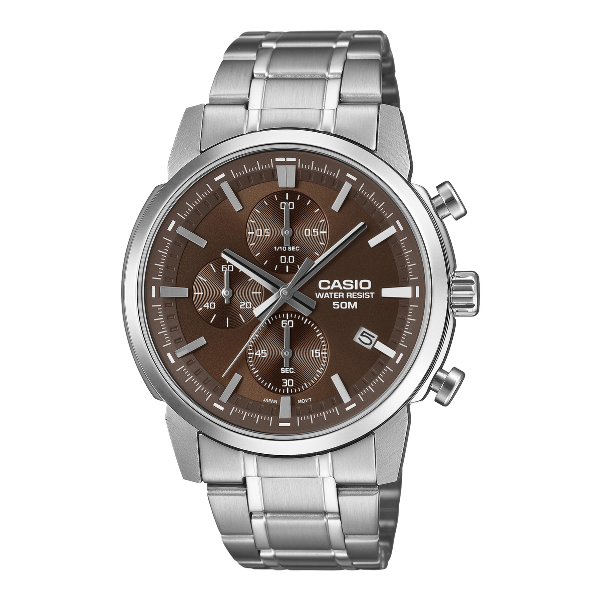 Casio Men's Chronograph Analog Watch, Brown Dial With Silver Stainless Steel Band, MTP-E510D-5AVDF | Kewalrams Bahrain