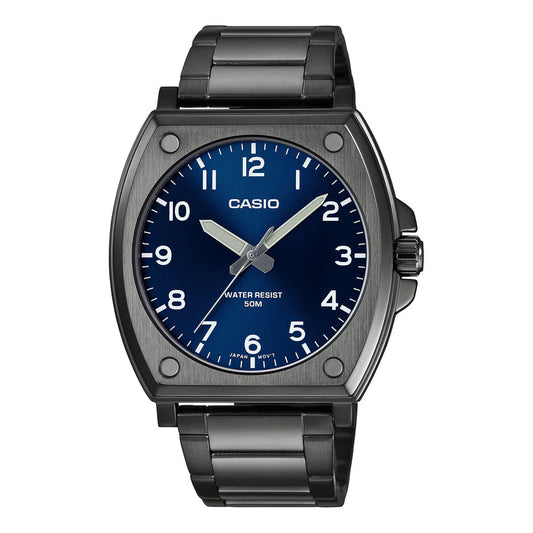 Casio men analog watch, blue dial with black stainless band, model CS-MTP-E730B-2AVDF, Bahrain