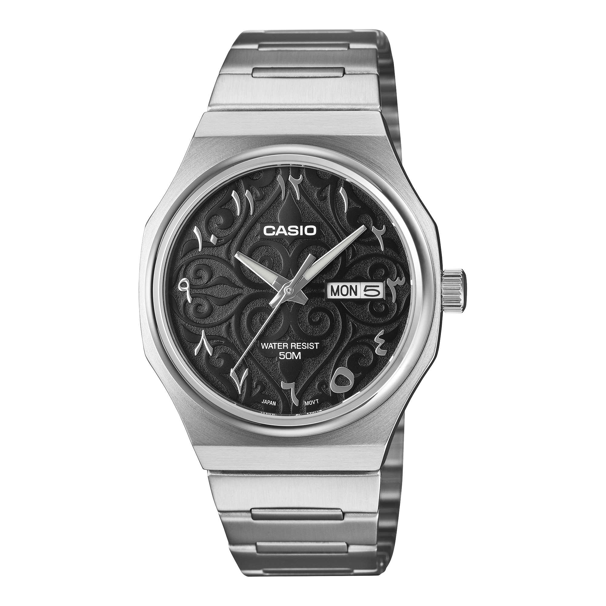 Casio Men's Watch Arabic Dial Collection Analog, Black Dial with Silver Stainless Steel Strap, MTP-E735AR-1AV