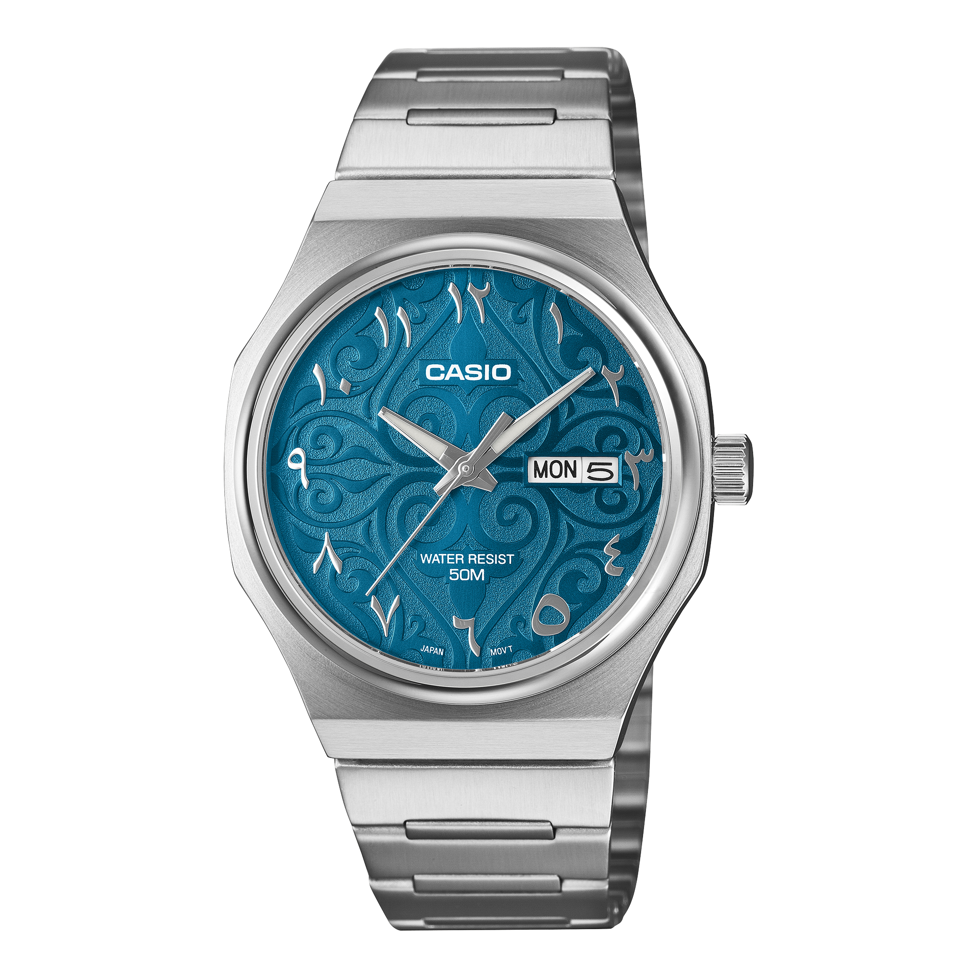 Casio Men's Watch Arabic Dial Collection Analog, Turquoise Blue Dial with Silver Stainless Steel Strap, MTP-E735AR-2A3VDF