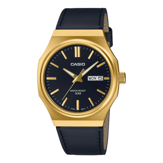 Casio men analog watch, black dial with black leather strap, model CS-MTP-E735GL-1AVDF, Bahrain