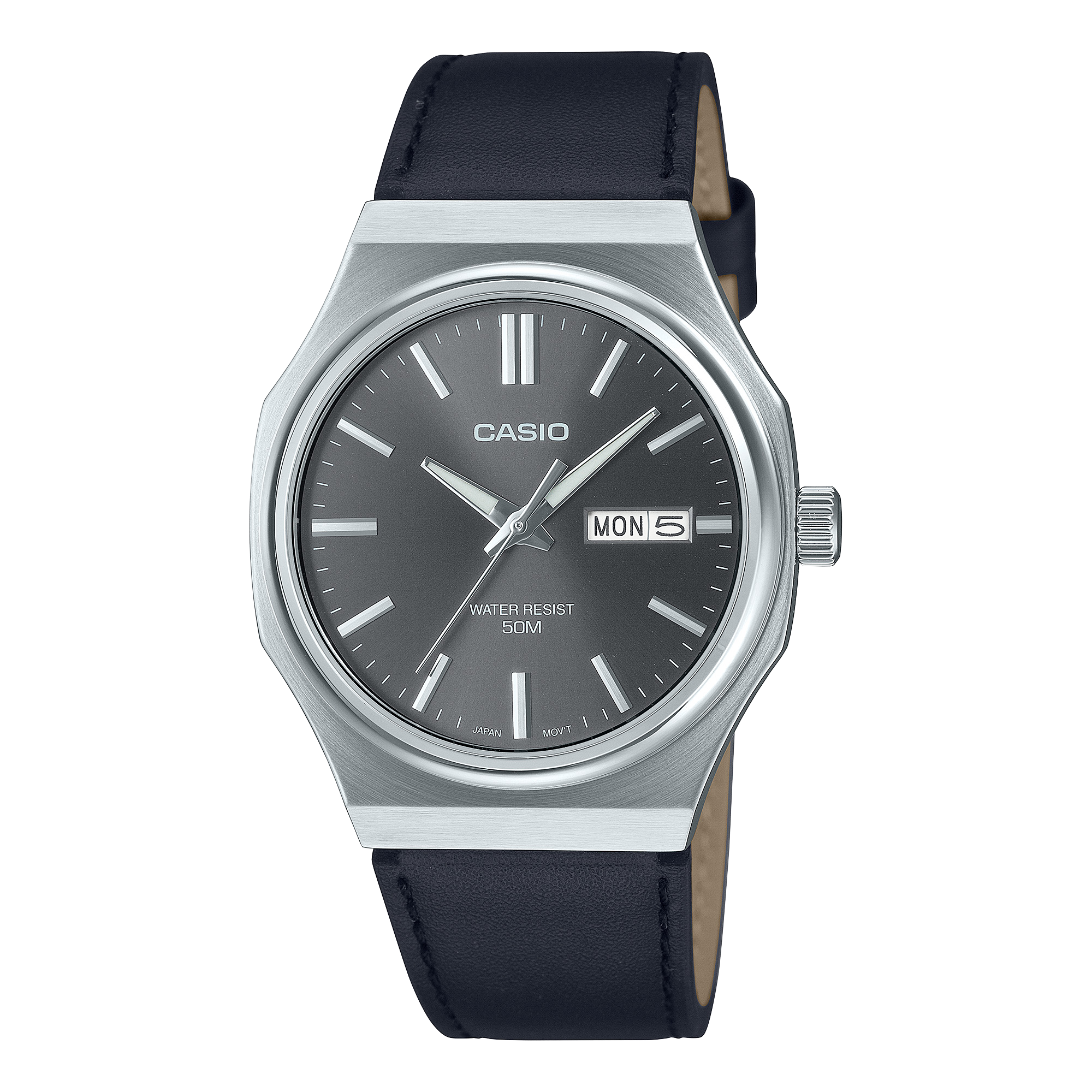 Casio Men's Watch Digital Dial Grey Dial with Black Leather Strap, MTP-E735L-8AVDF