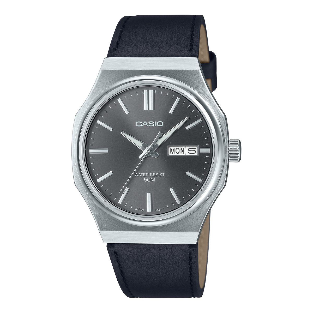 Casio Men's Watch Digital Dial Grey Dial with Black Leather Strap, MTP-E735L-8AVDF