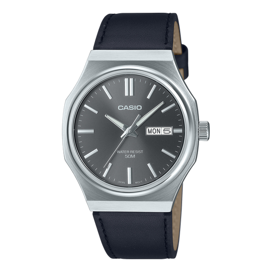 Casio men analog watch, grey dial with black leather strap, model CS-MTP-E735L-8AVDF, Bahrain