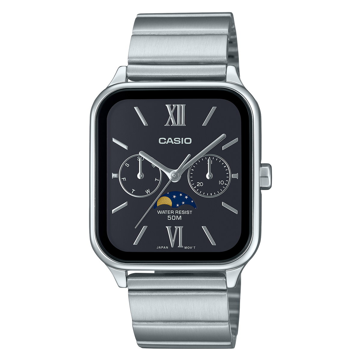 Casio Moon Phase Men's Watch Black Dial Silver Stainless Steel Band, MTP-M305D-1A2VDF