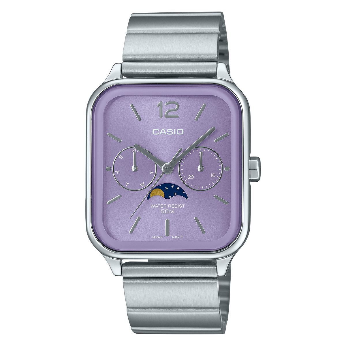 Casio Moon Phase Men's Watch Purple Dial Silver Stainless Steel Band, MTP-M305D-6AVDF