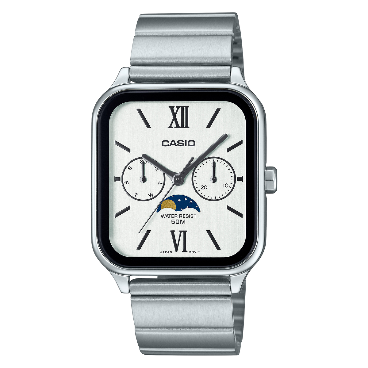 Casio Moon Phase Men's Watch White Dial Silver Stainless Steel Band, MTP-M305D-7A2VDF