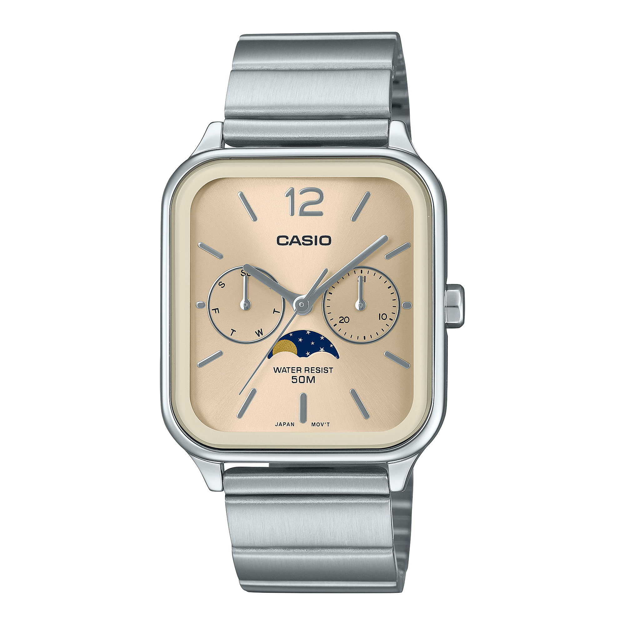 Casio Moon Phase Men's Watch Beige Dial Silver Stainless Steel Band, MTP-M305D-9AVDF