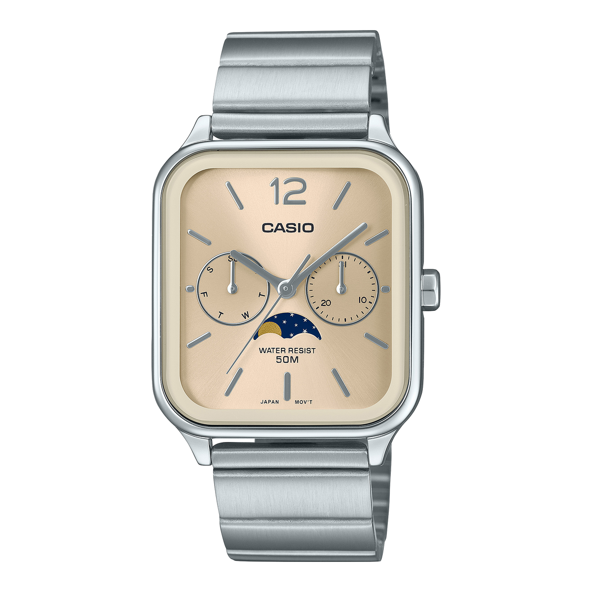 Casio Moon Phase Men's Watch Beige Dial Silver Stainless Steel Band, MTP-M305D-9AVDF