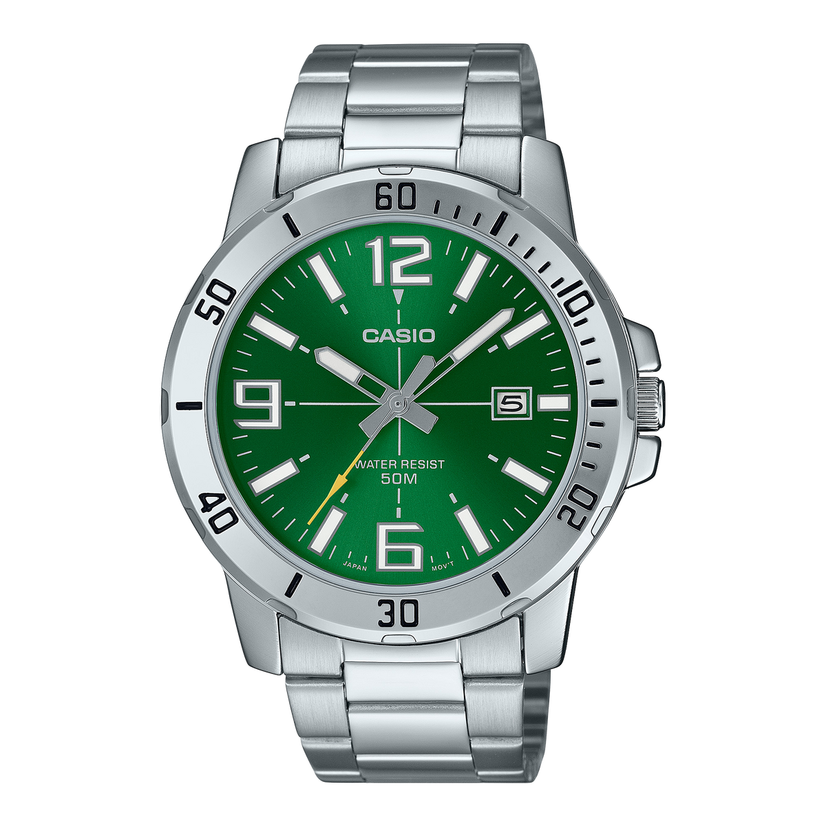 Casio Men's Watch Analog Green Dial with Silver Stainless Steel Band, MTP-VD01D-3BVUDF