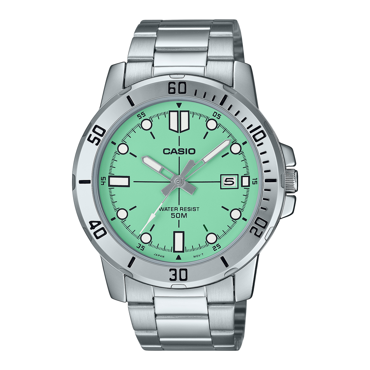 Casio Men's Watch Analog Green Dial with Silver Stainless Steel Band, MTP-VD01D-3E1VUDF