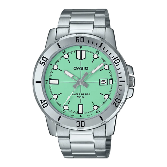 Casio men analog watch, green dial with silver stainless steel band, model CS-MTP-VD01D-3E1VUDF, Bahrain