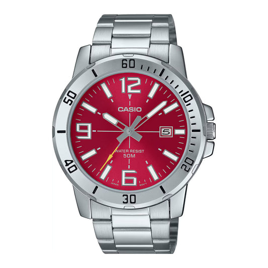 Casio men analog watch, red dial with silver stainless steel band, model CS-MTP-VD01D-4BVUDF, Bahrain
