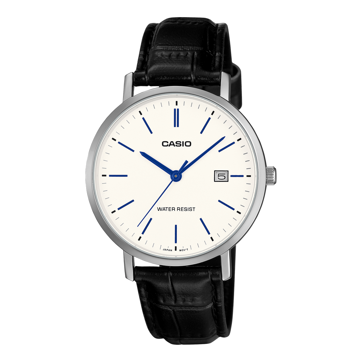 Casio Men's Analog Watch White Dial Black Leather Band, MTP-VT05L-7EDF