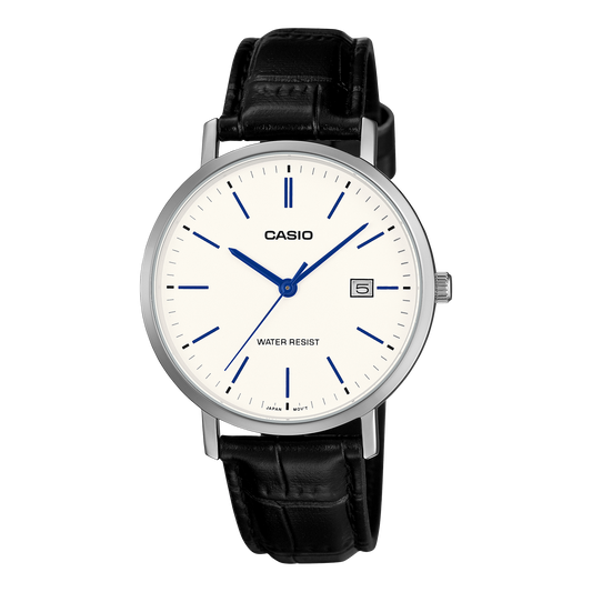 Casio Men's Analog Watch White Dial Black Leather Band, MTP-VT05L-7EDF