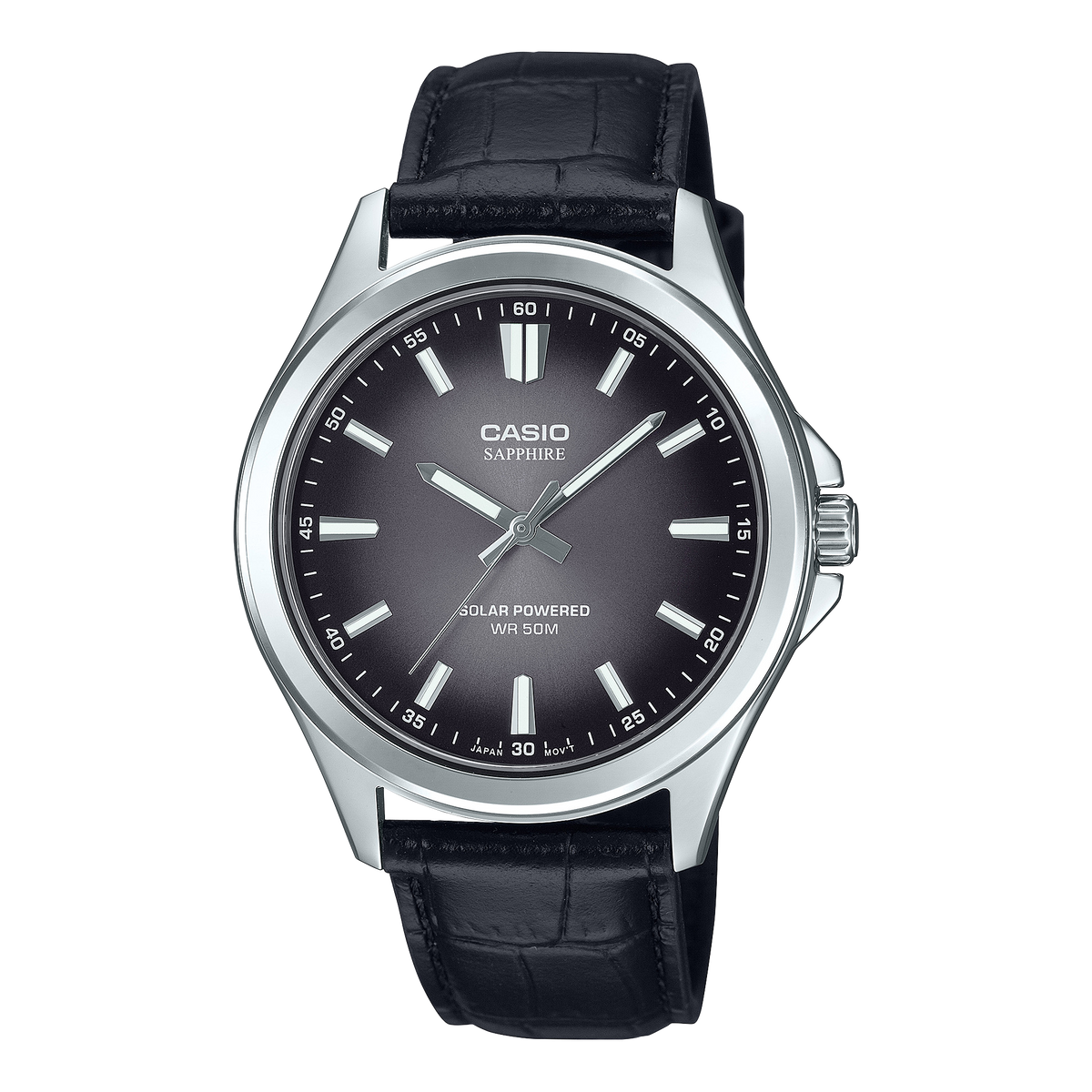 Casio Sapphire Men's Solar Powered Watch Analog Black Gradient Dial with Black Leather Strap, MTS-RS100L-1AVDF