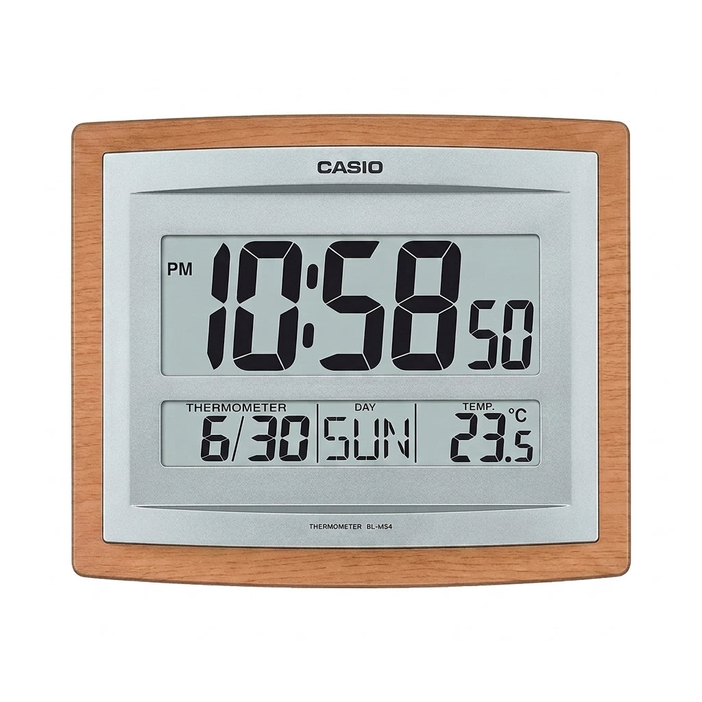 Casio Wall & Table Clock, Digital Display, Silver & Wood Grain Pattern, ID-15SA-5DF