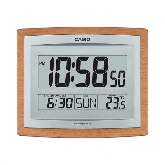 Casio Wall & Table Clock, Digital Display, Silver & Wood Grain Pattern, ID-15SA-5DF