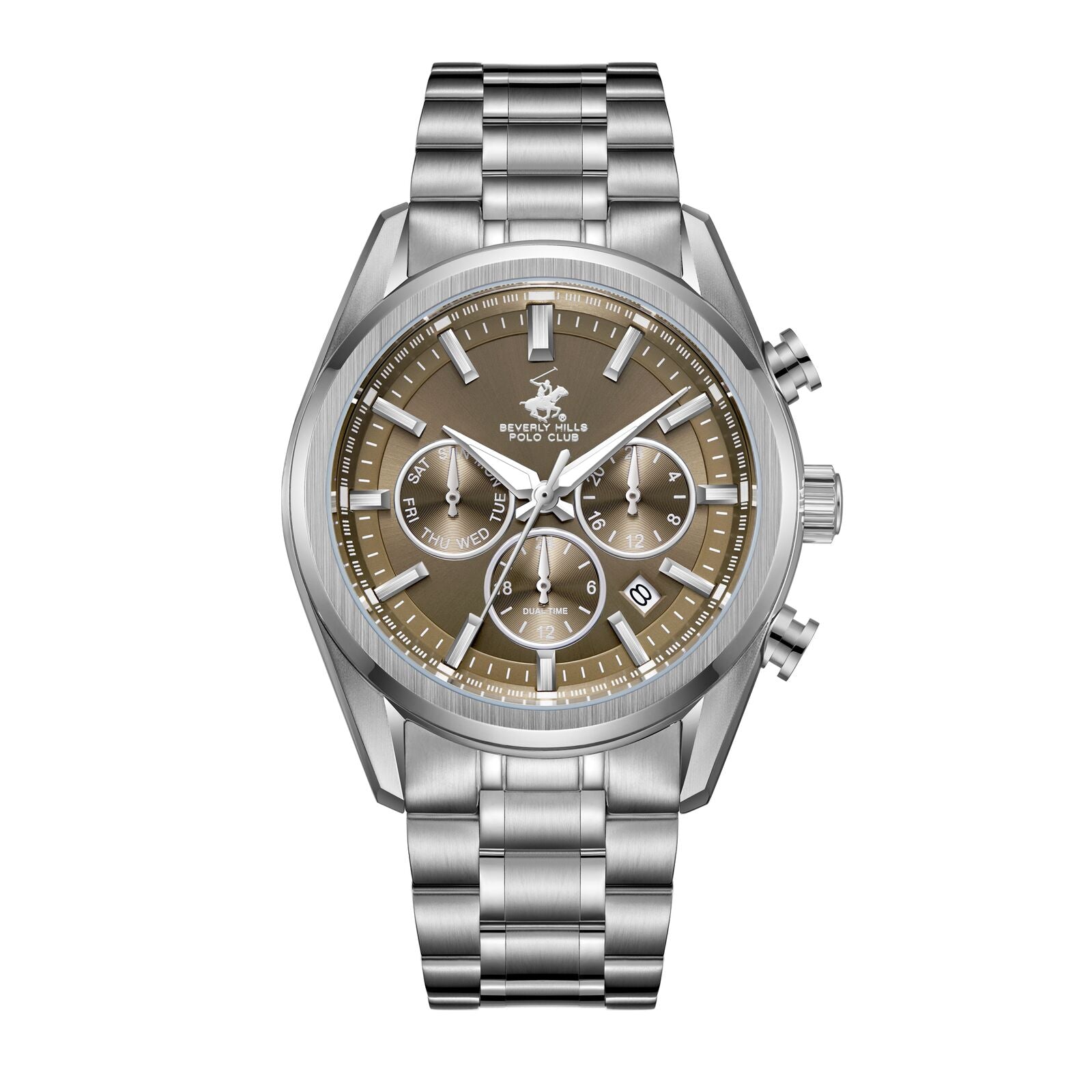 Beverly Hills Polo Club Men's Watch Analog Brown Dial with Silver Stainless Steel Band, BP3698X.370