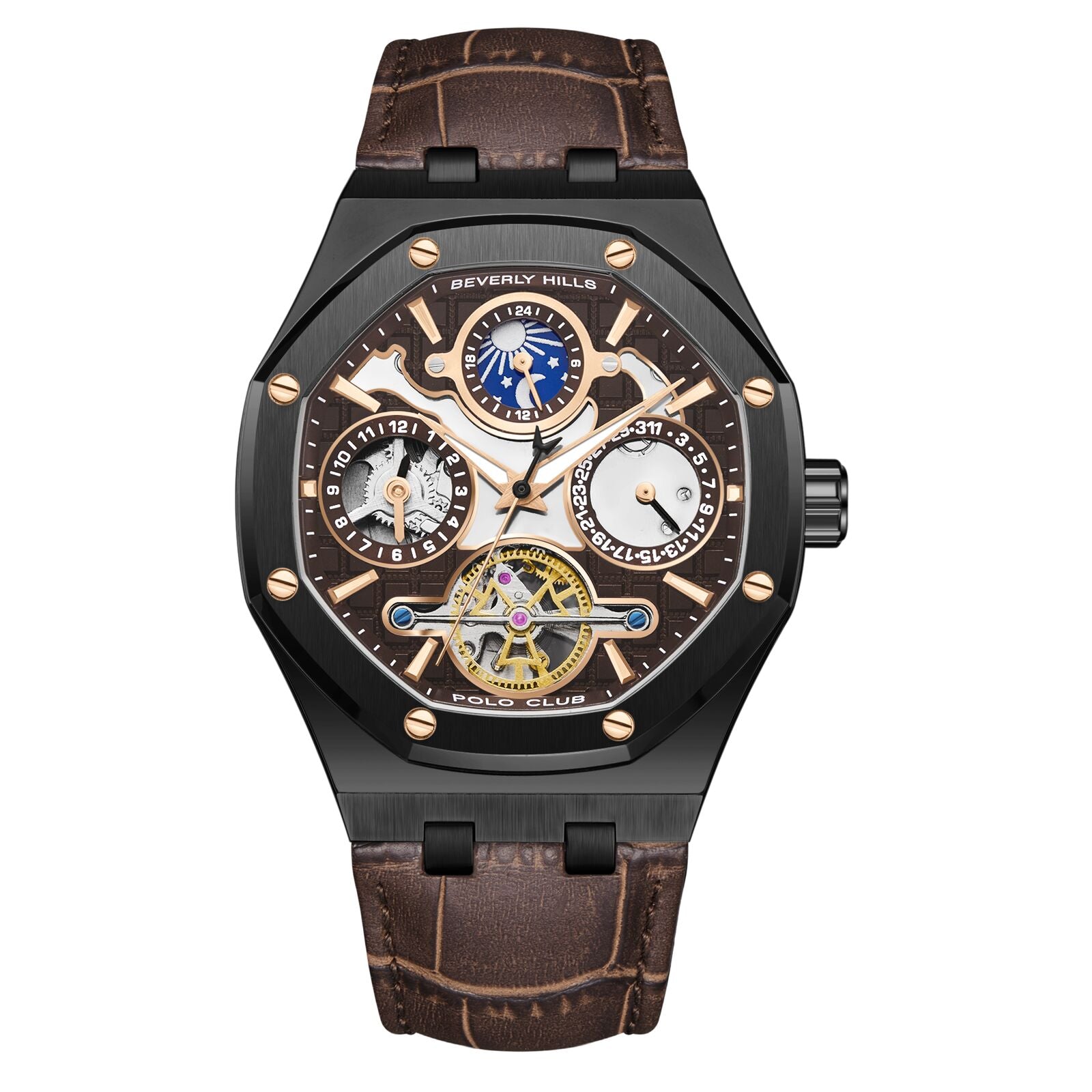 Beverly Hills Polo Club Men's Automatic Watch Analog Brown Dial with Brown Leather Strap,  BP3787X.042