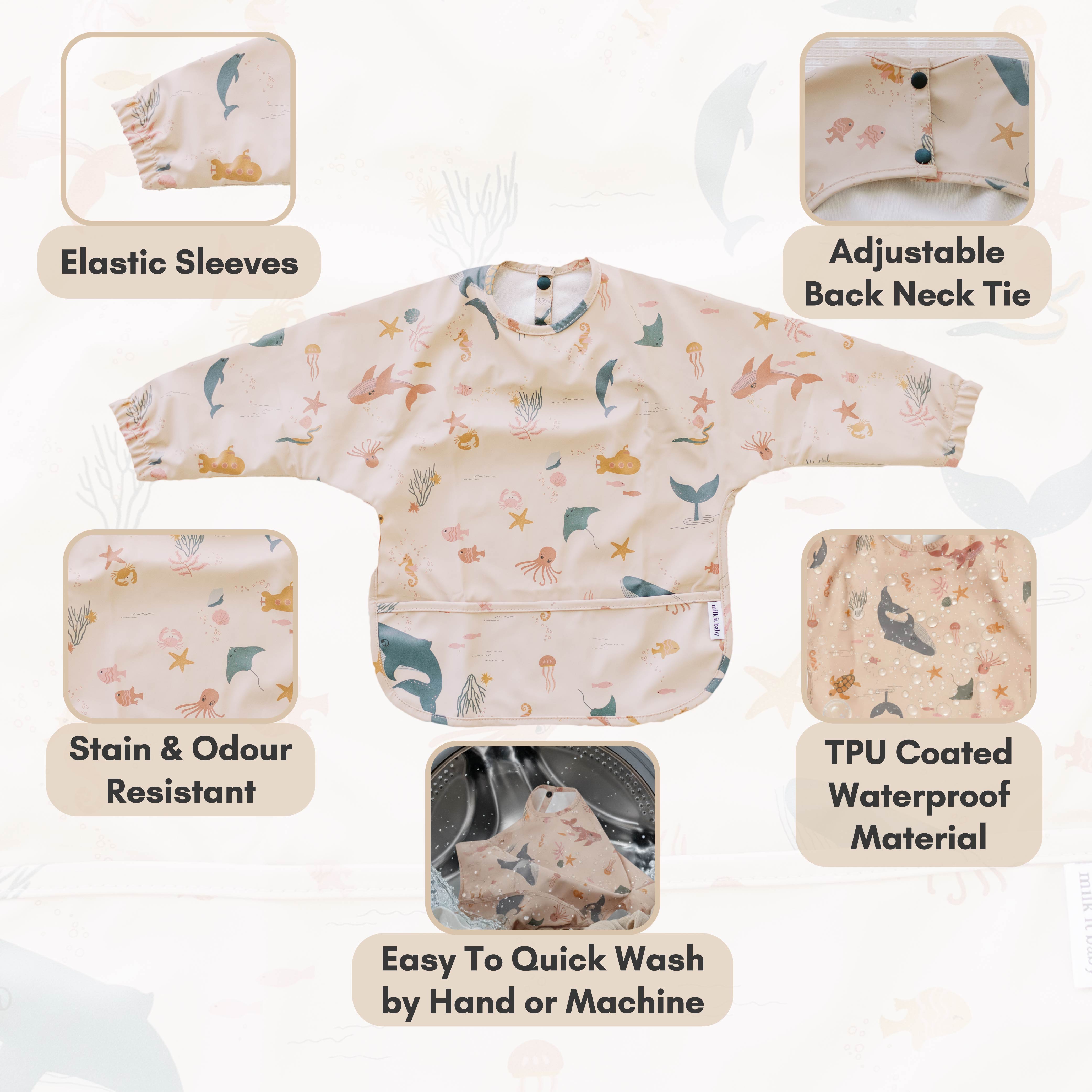 Milk It Baby Water Proof Sleeved Bib, Ocean Friends,MI-SBOF003