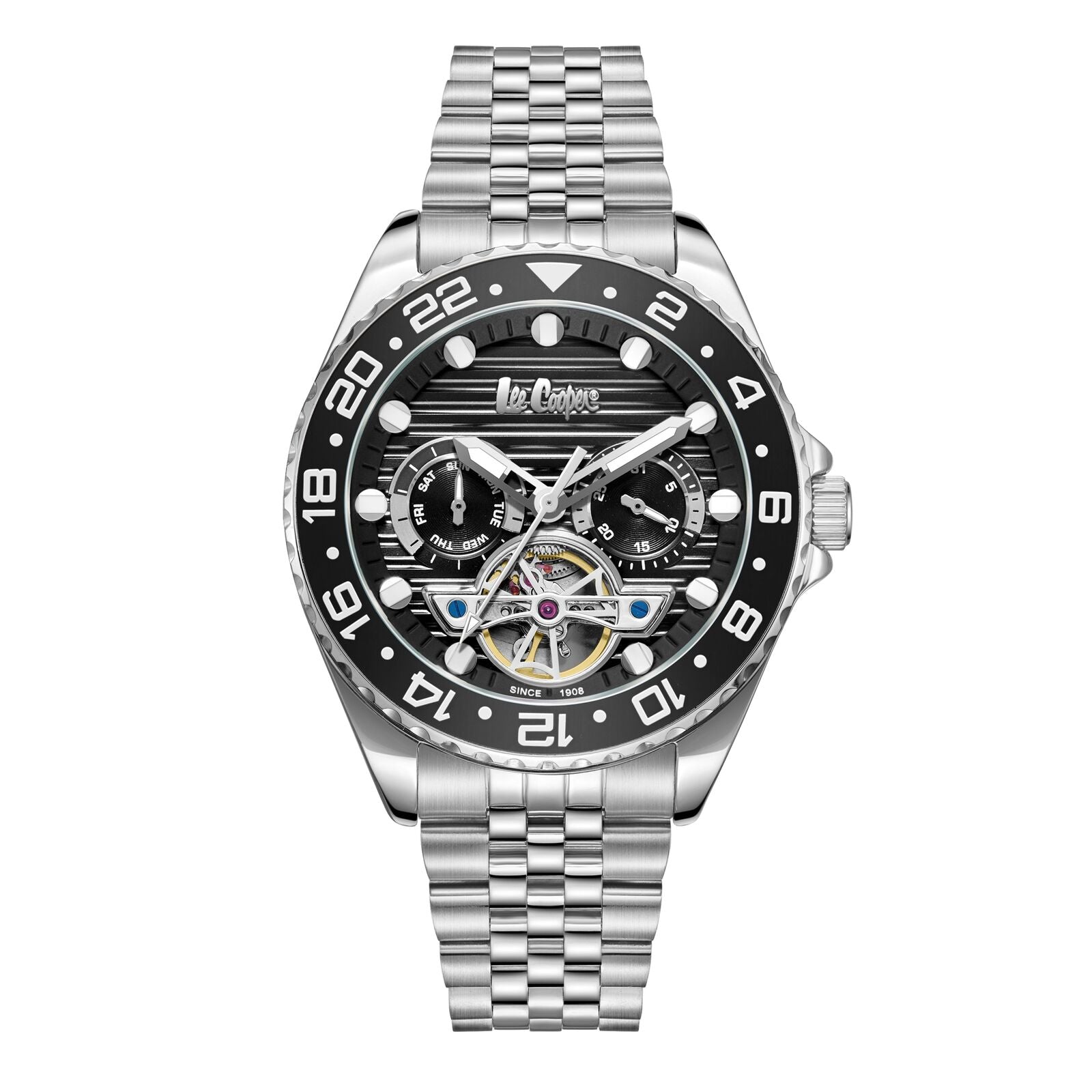 Lee Cooper Men's Automatic Watch Analog Black Dial with Silver Stainless Steel Band, LC08192.350