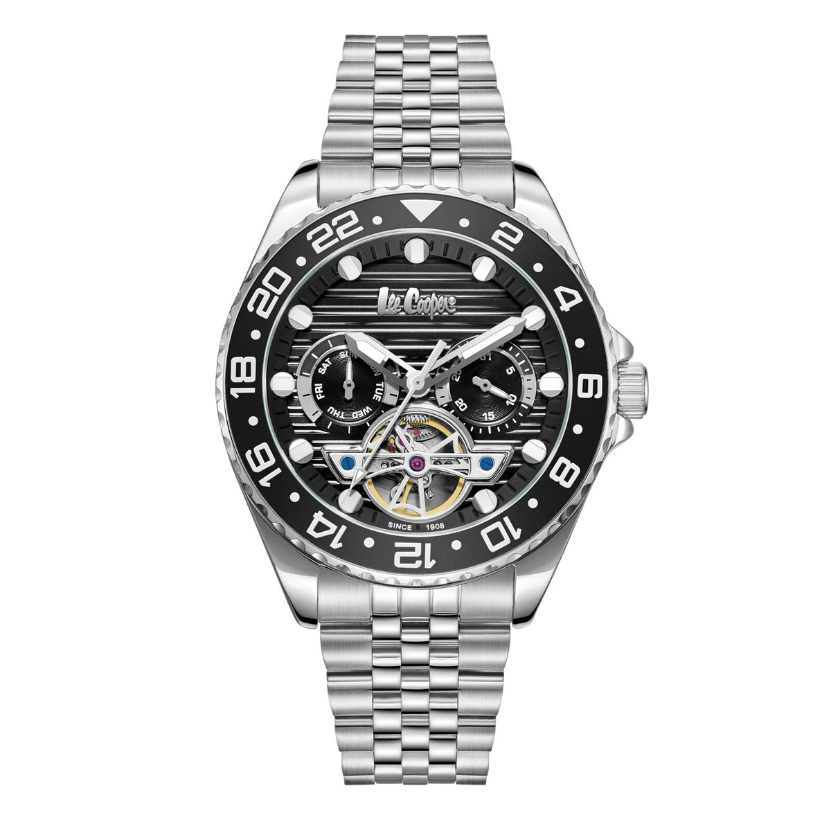 Lee Cooper Men's Automatic Watch Analog Black Dial with Silver Stainless Steel Band, LC08192.350