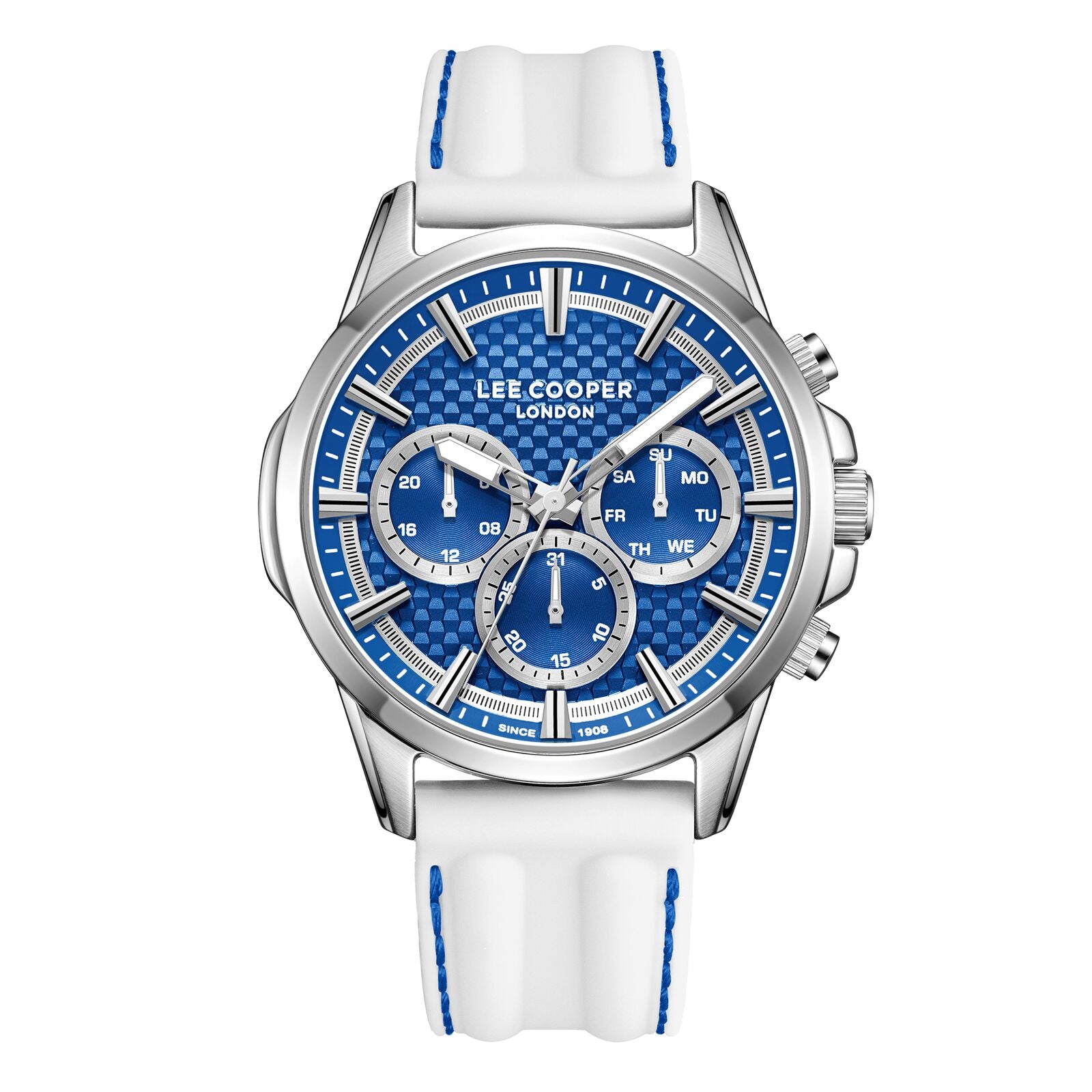Lee Cooper Men's Watch Analog Blue Dial with White Leather Strap, LC08048.393