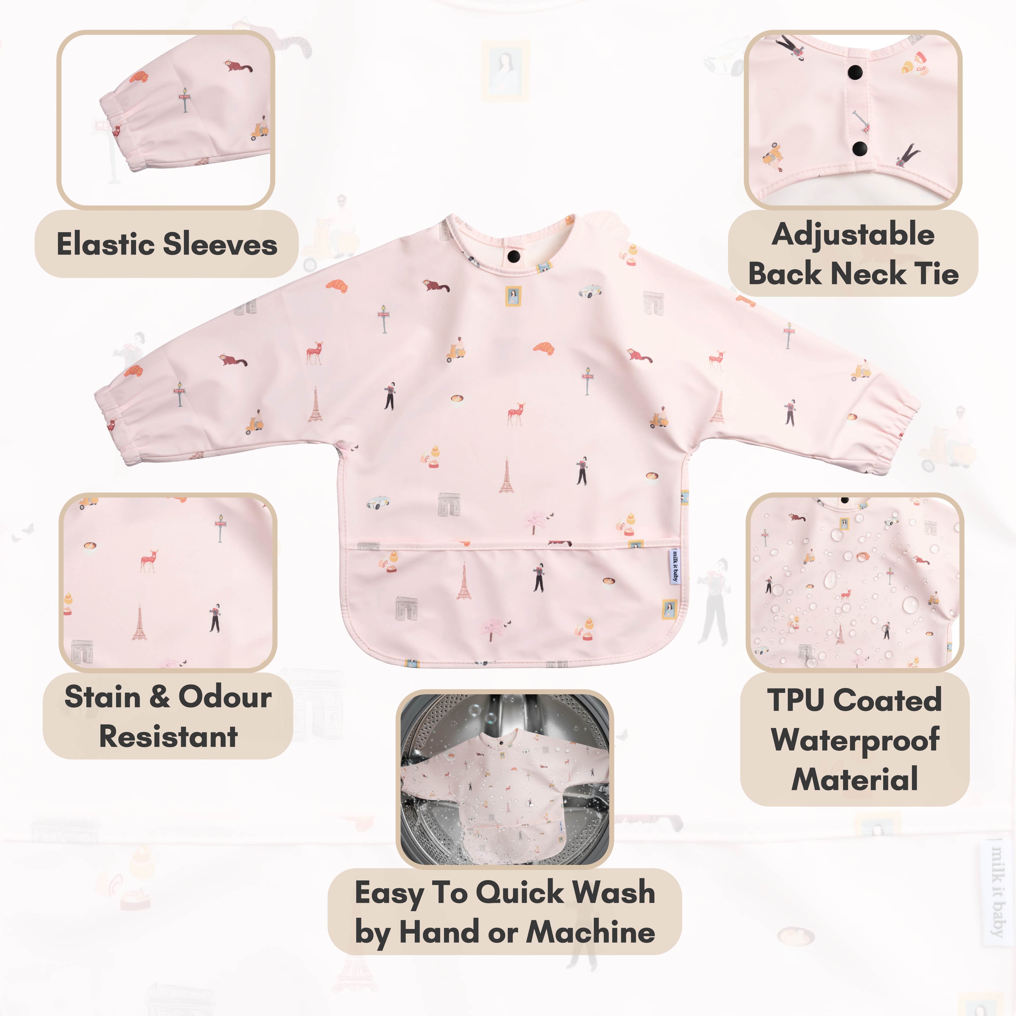 Milk It Baby Water Proof Sleeved Bib, Paris City, MI-SBPA008S