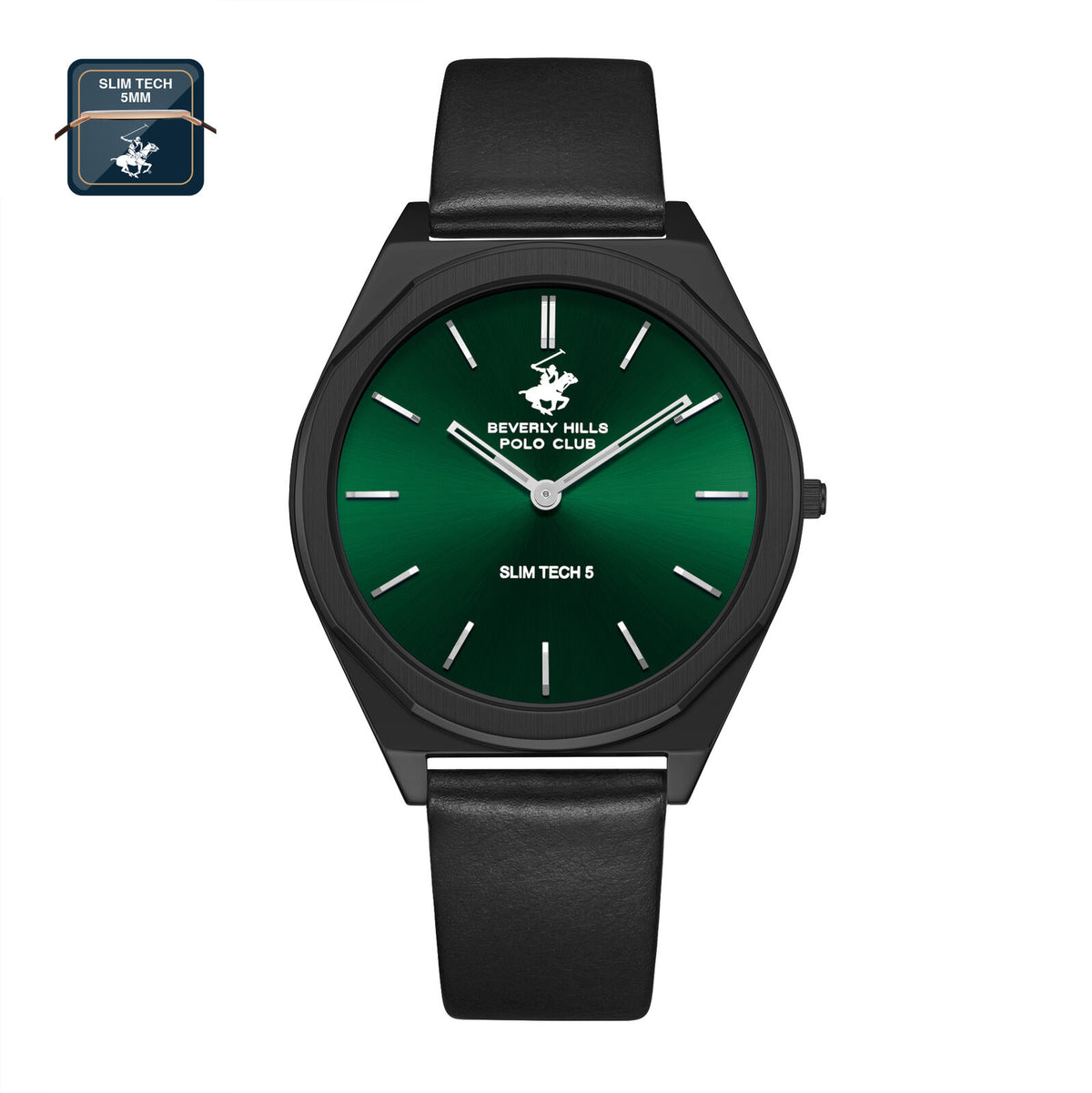 Beverly Hills Polo Club Slim Tech 5 Men's Watch Analog Green Dial with Black Leather Strap, BP3712X.671