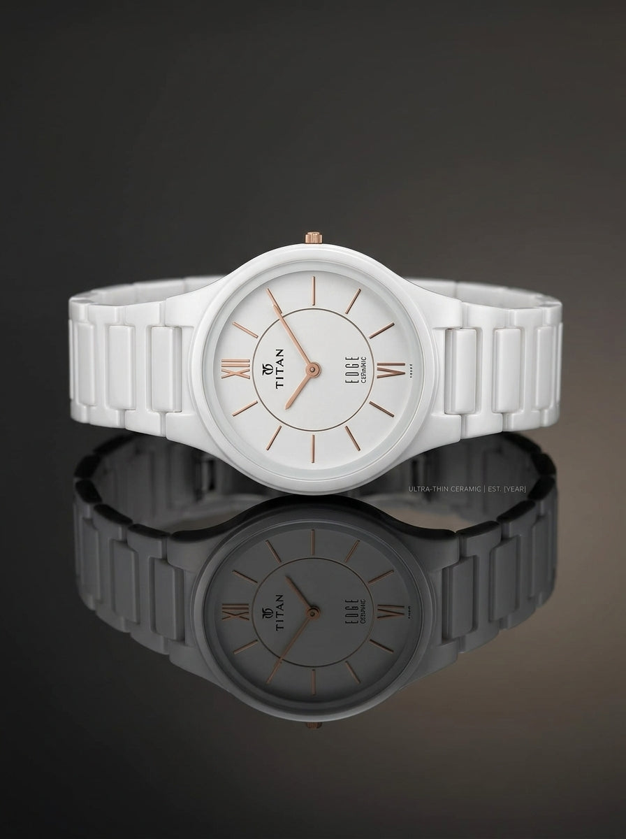 Titan Edge Ceramic Quartz Analog Men's Watch with White Dial and White Strap, 1696QC04