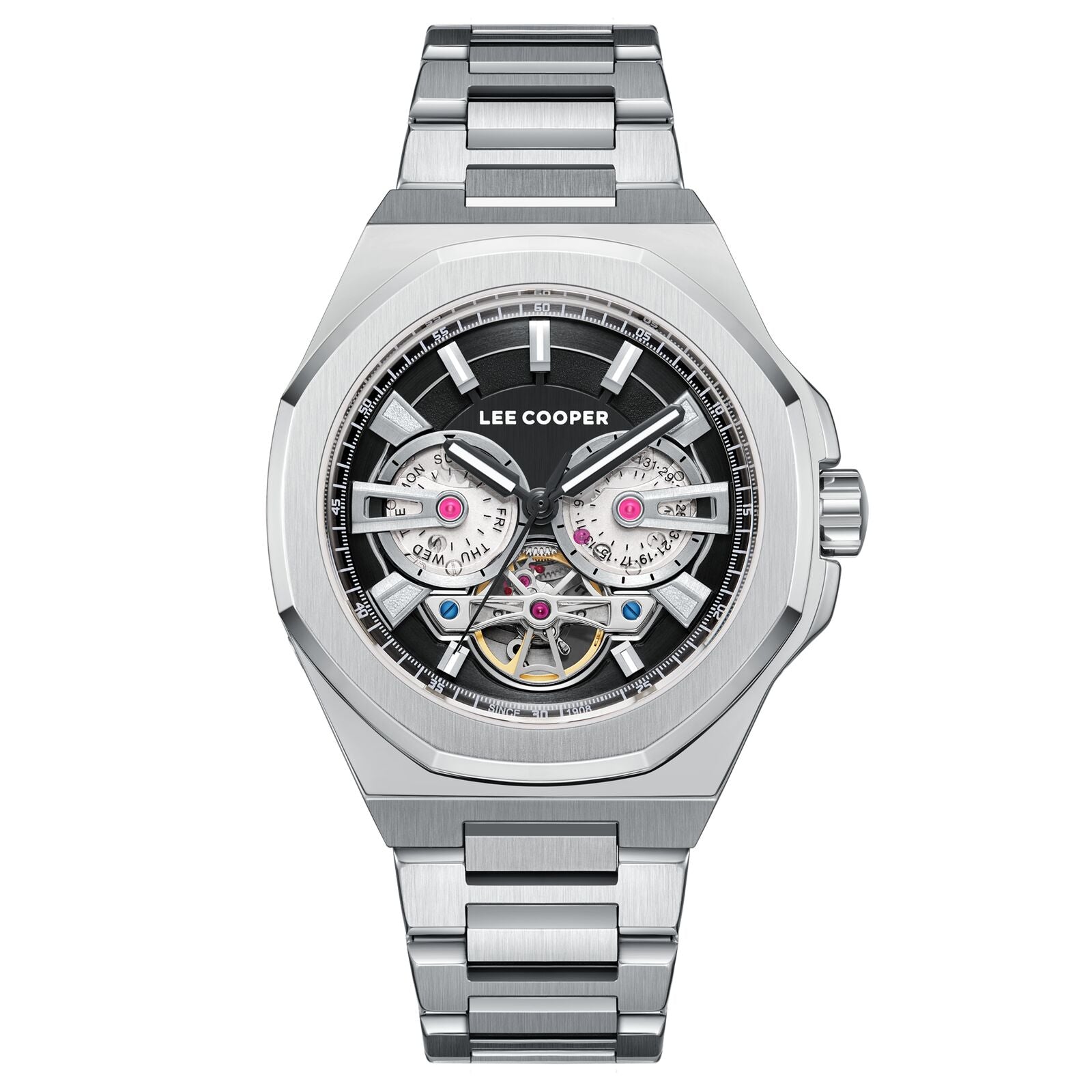 Lee Cooper Men's Automatic Watch Analog Black Dial with Silver Stainless Steel Band, LC08124.350