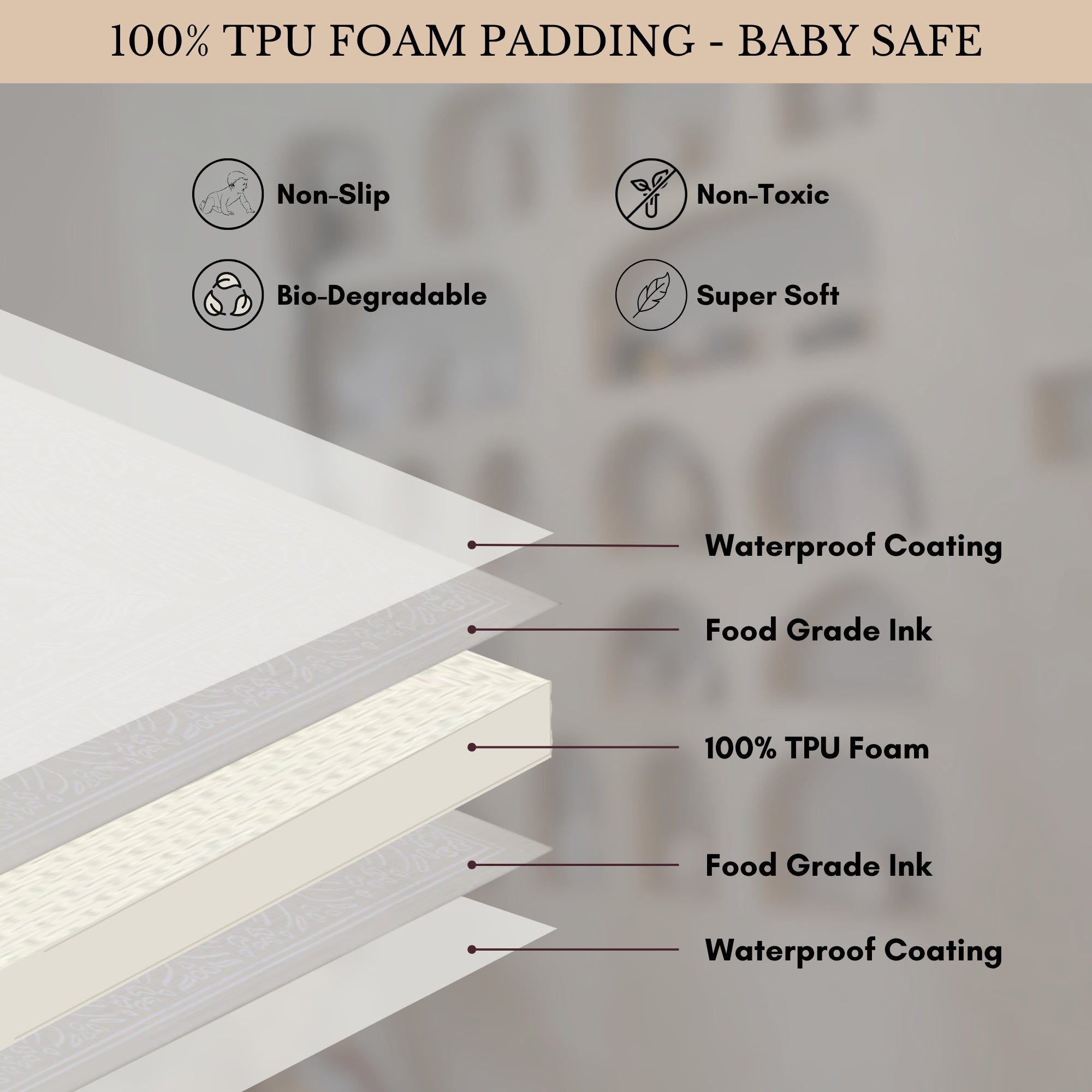 Milk It Baby Boho Beige And Sage Leaf 100% TPU Foam Non Toxic Reversible Play Mat, BOHOBEPM