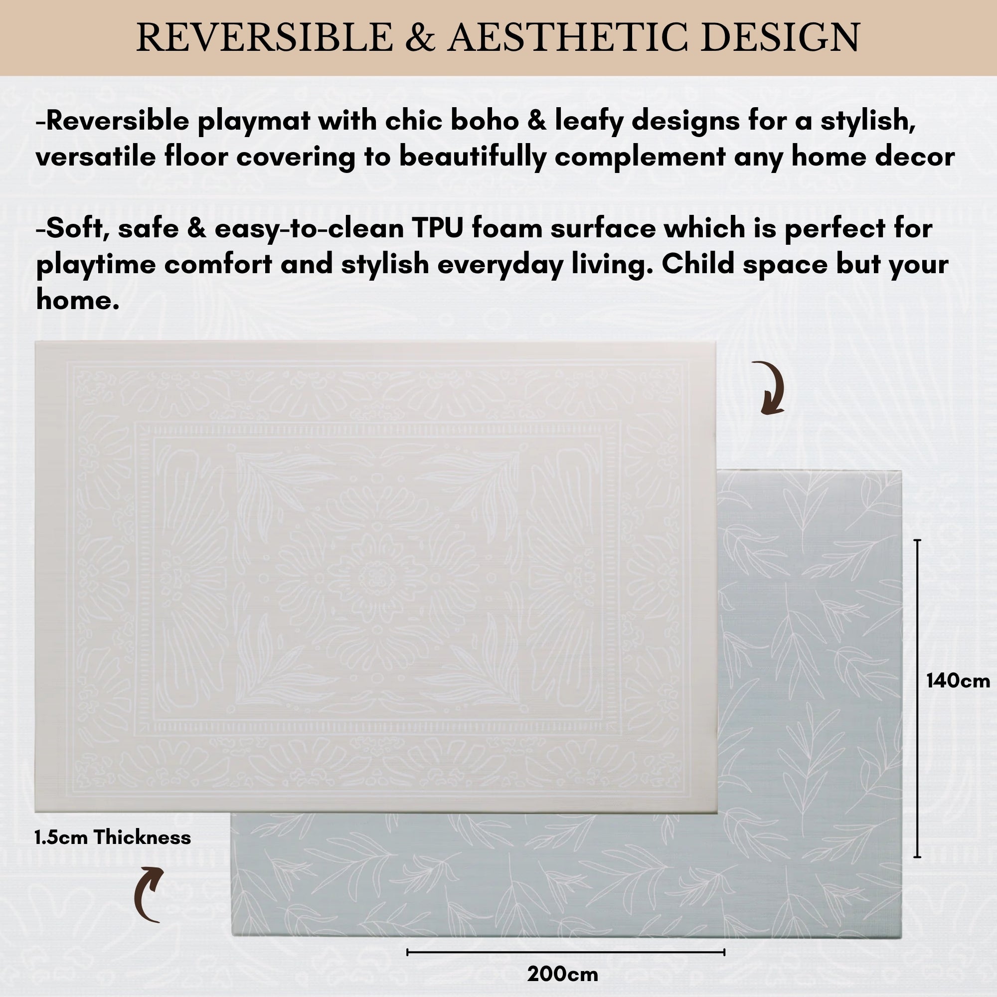 Milk It Baby Boho Beige And Sage Leaf 100% TPU Foam Non Toxic Reversible Play Mat, BOHOBEPM