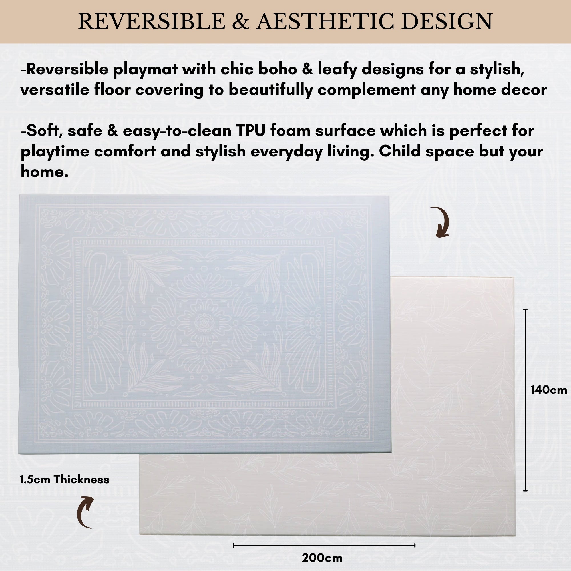 Milk It Baby Boho Blue And Beige Leaf 100% TPU Foam Non Toxic Reversible Play Mat, BOHOBLPM