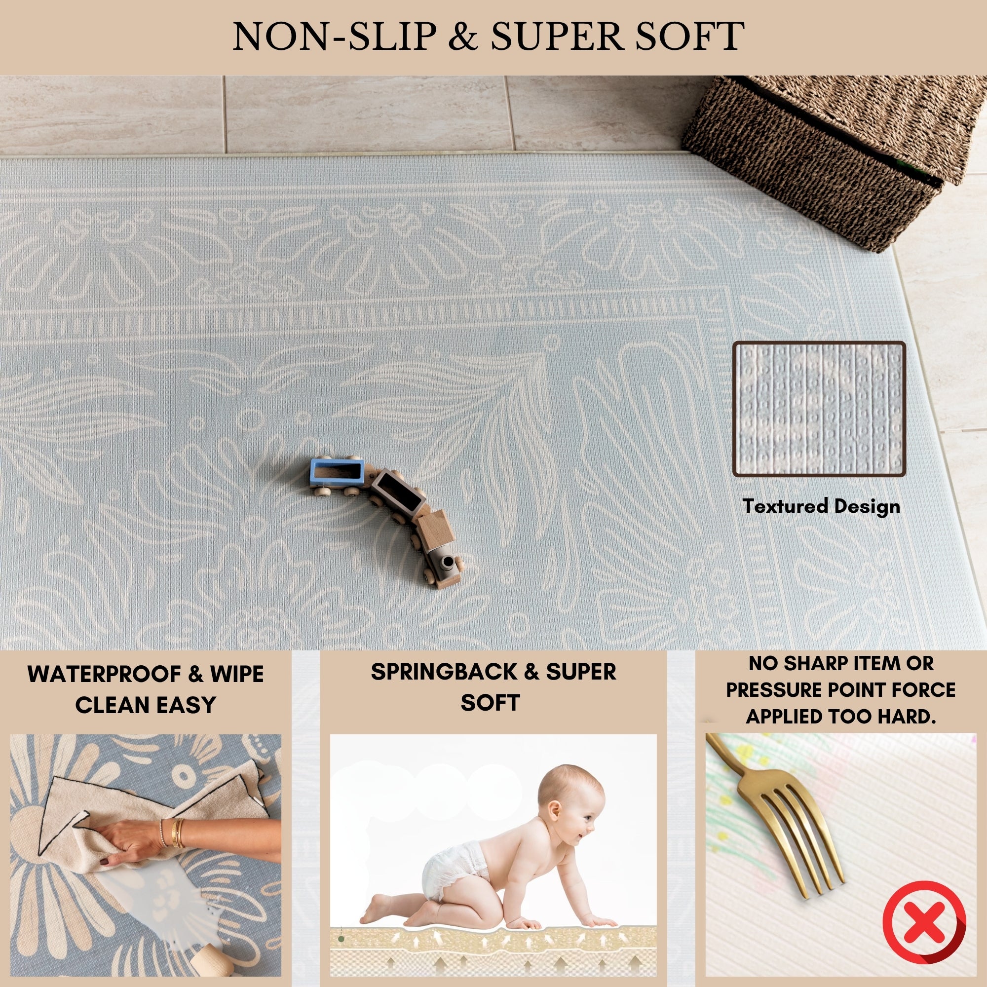 Milk It Baby Boho Blue And Beige Leaf 100% TPU Foam Non Toxic Reversible Play Mat, BOHOBLPM