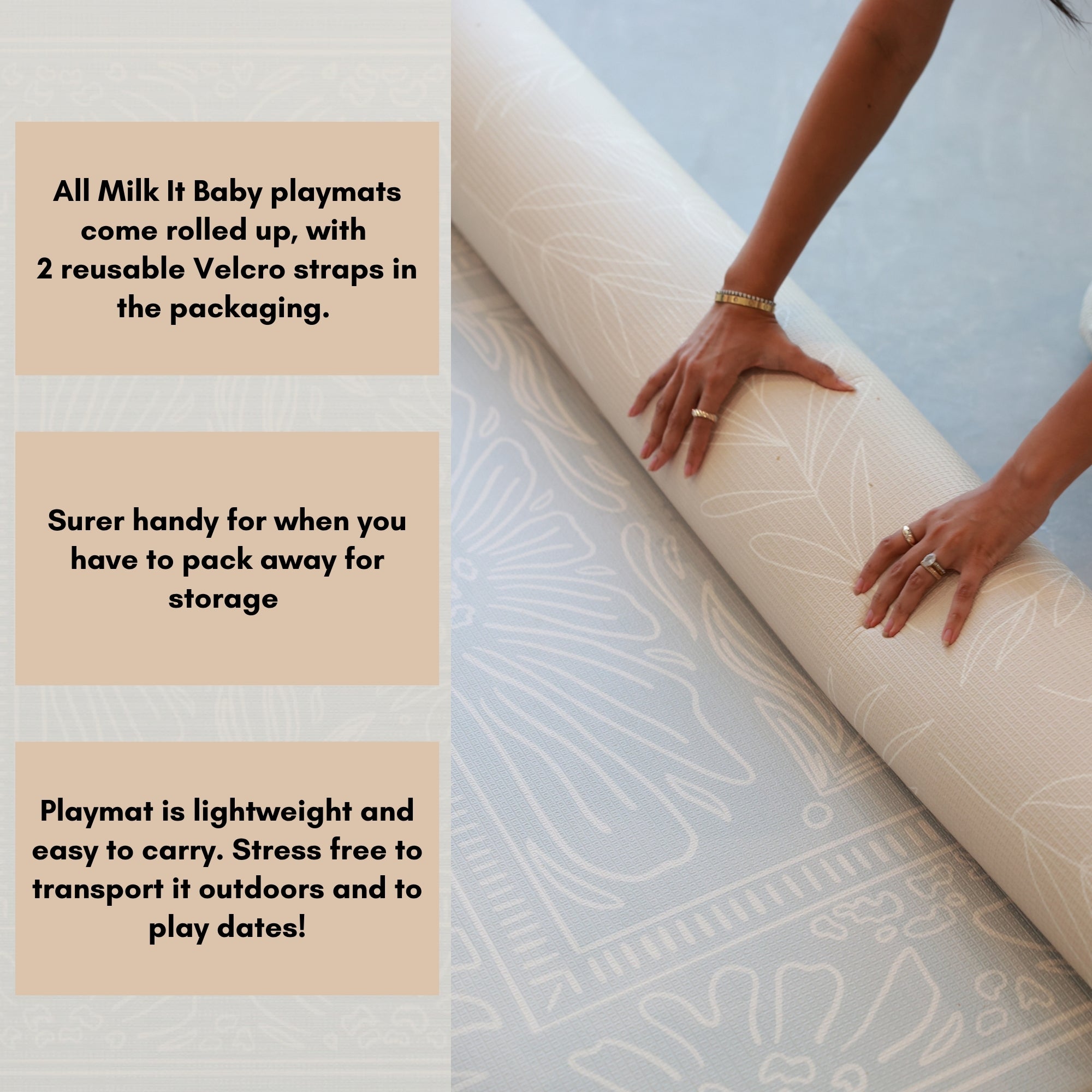 Milk It Baby Boho Blue And Beige Leaf 100% TPU Foam Non Toxic Reversible Play Mat, BOHOBLPM