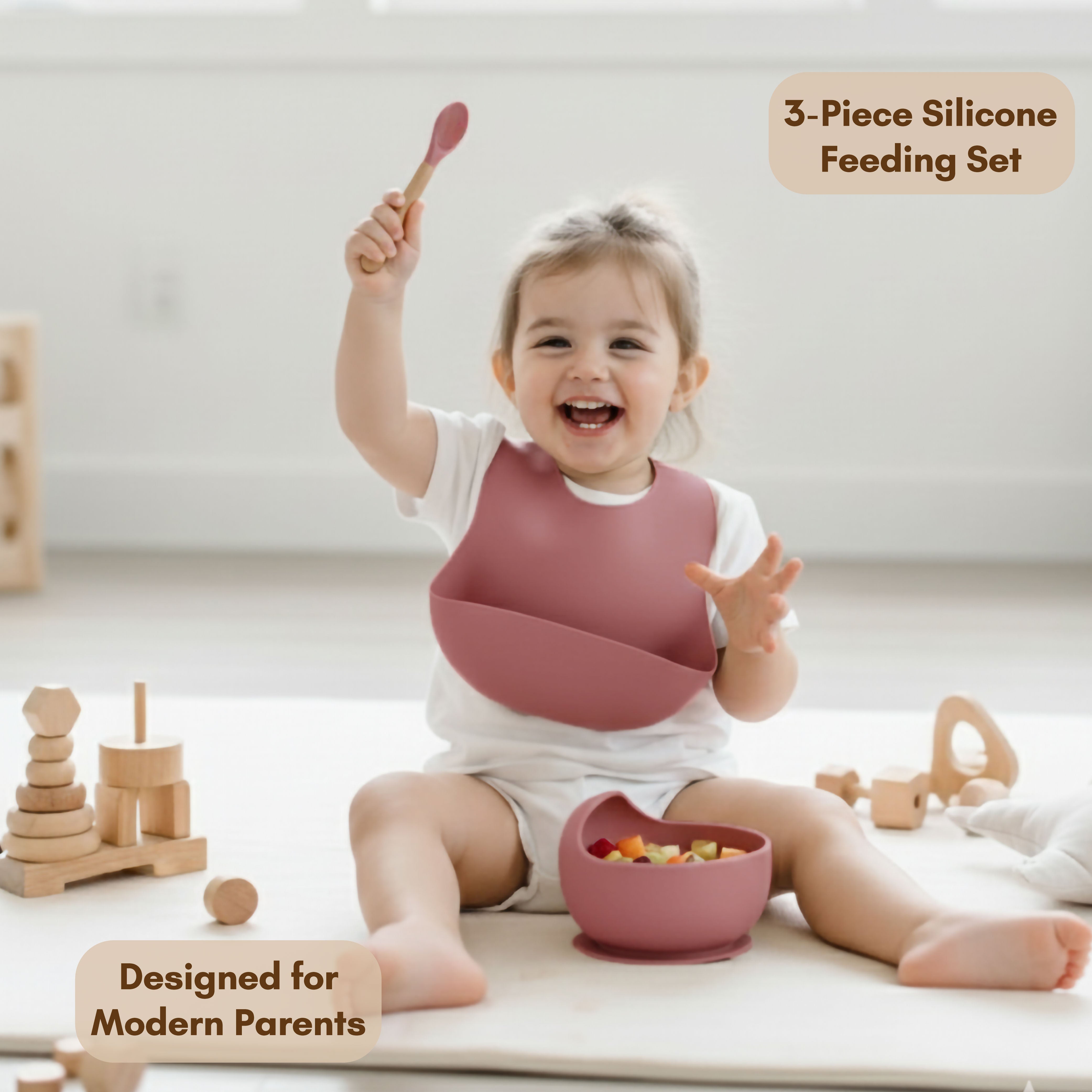 Milk It Baby Rose Pink Bib & Bowl Set, 100% Food Grade Silicone Set, MI-BBRP004