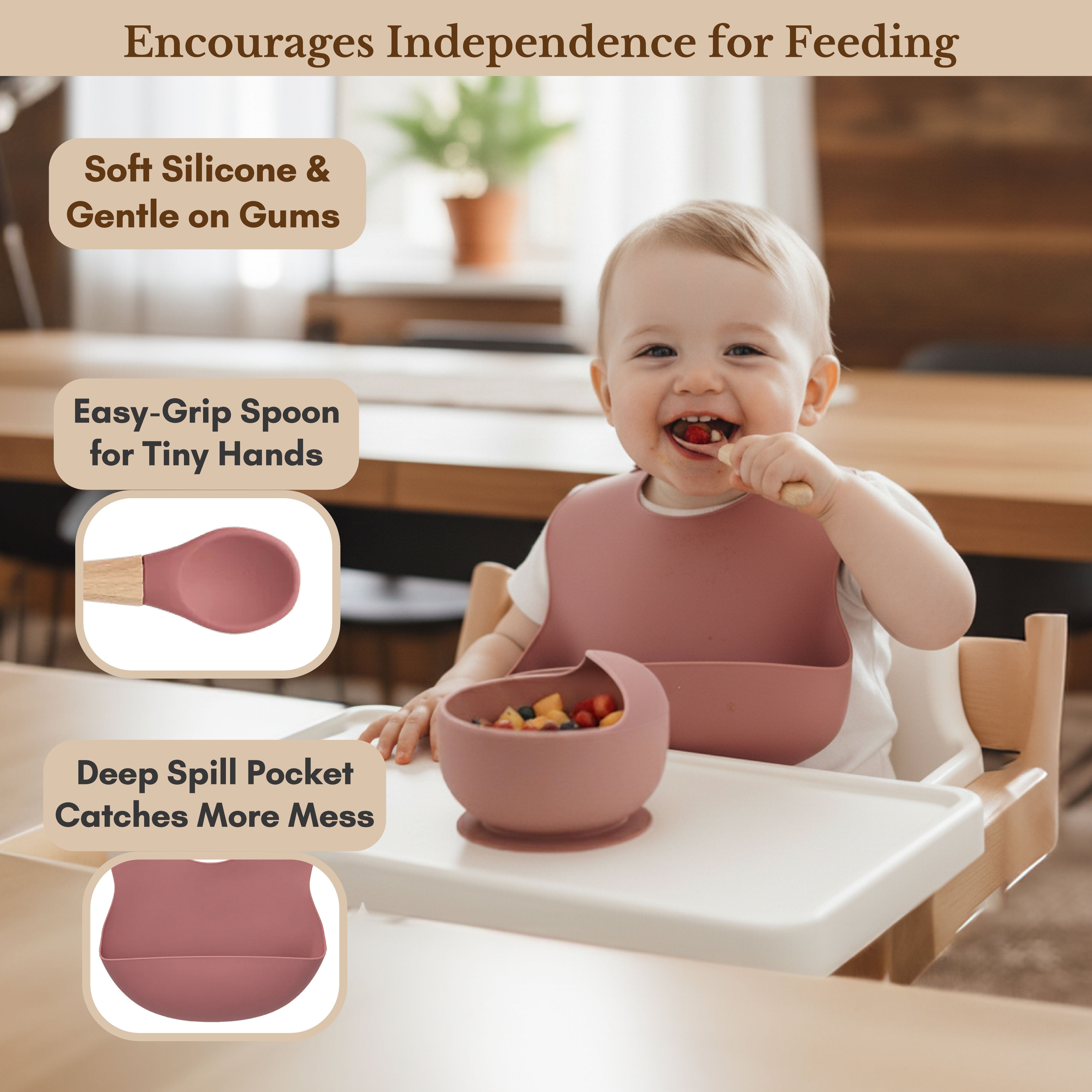 Milk It Baby Rose Pink Bib & Bowl Set, 100% Food Grade Silicone Set, MI-BBRP004