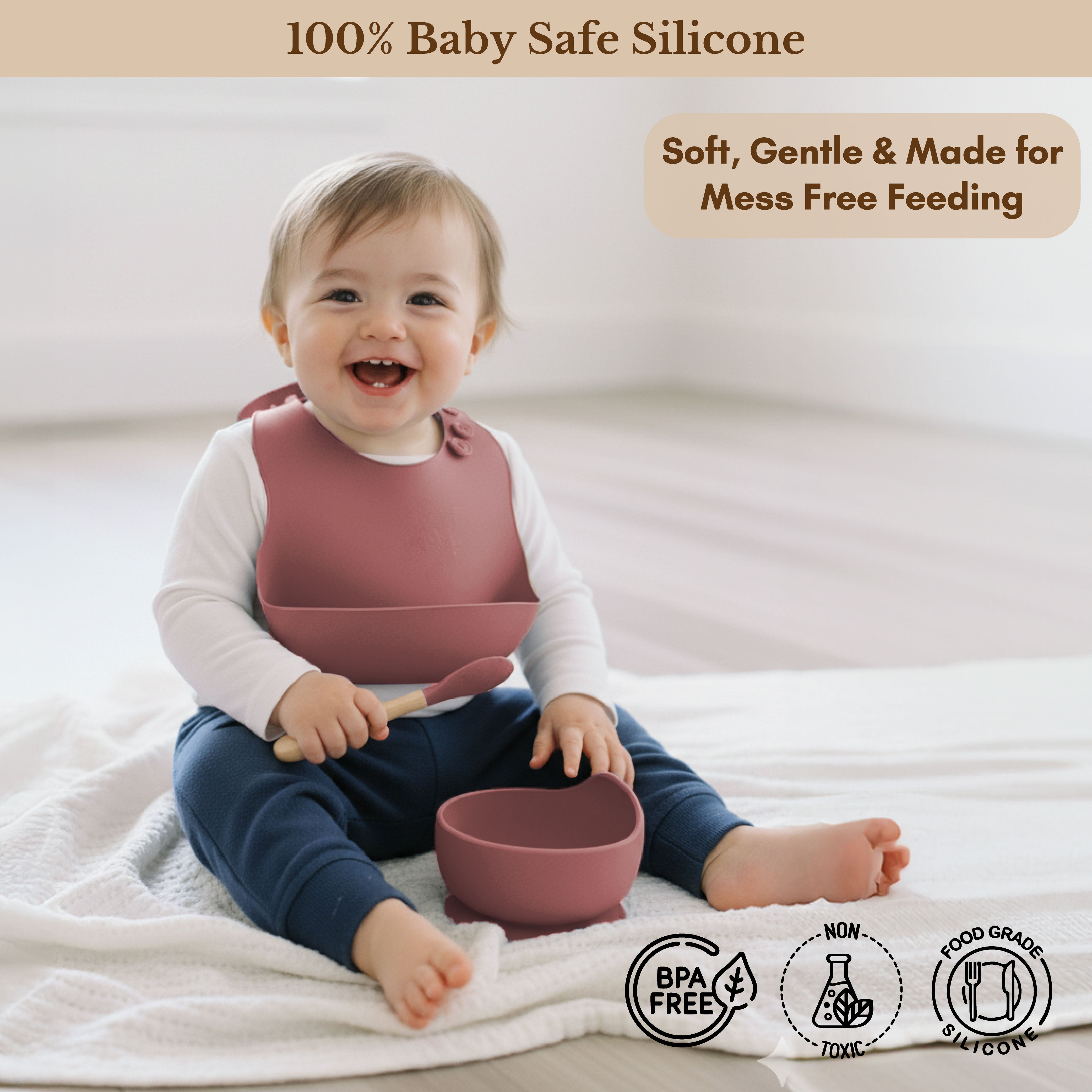 Milk It Baby Rose Pink Bib & Bowl Set, 100% Food Grade Silicone Set, MI-BBRP004
