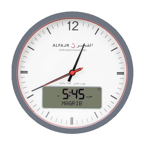 Alfajr Islamic Prayer Wall Clock Ana-Digital Black With Azan And Prayer Times, CR-23WHITE