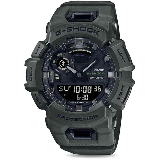 G-Shock men analog watch, black dial with green resin strap, model GS-GBA-900UU-3ADR, Bahrain