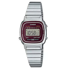 Casio, Women's Watch Vintage Collection Digital, Maroon Dial Silver Stainless Steel Band, LA670WA-4DF