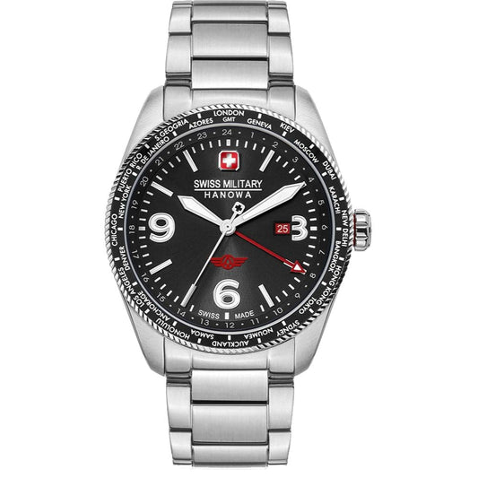 Swiss Military Hanowa Men's GMT Watch Black Dial with Silver Stainless Steel Bracelet, SMWGH2100904