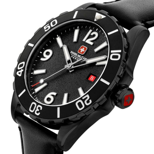 Swiss Military Hanowa Men's Analog Watch Black Dial with Black Leather Strap, SMWGB0000230