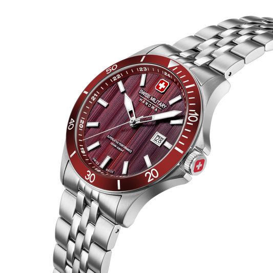 Swiss Military Hanowa Men's Analog Watch Red Dial with Silver Stainless Steel Bracelet, SMWGH0006703