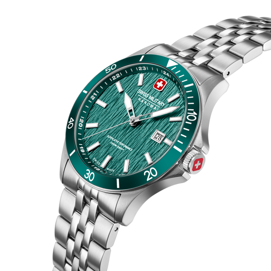 Swiss Military Hanowa Men's Analog Watch Green Dial with Silver Stainless Steel Bracelet, SMWGH0006704