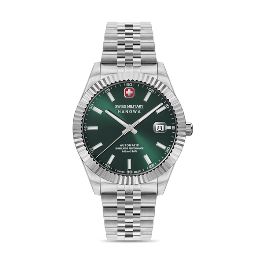 Swiss Military Hanowa Men's Automatic Watch Olive Green Dial with Silver Stainless Steel Bracelet, SMWGL0002103