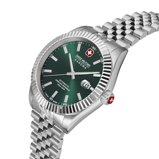 Swiss Military Hanowa Men's Automatic Watch Olive Green Dial with Silver Stainless Steel Bracelet, SMWGL0002103