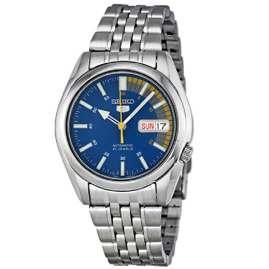 Seiko 21 Jewels Men's Automatic Watch Analog Blue Dial with Silver Stainless Steel Band, SNK371K authentic Seiko watch with original box and warranty papers